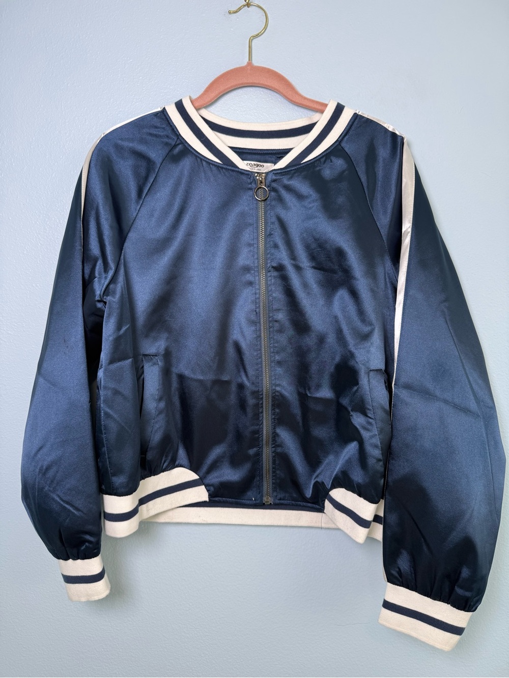 zeagoo Navy Satin Bomber Jacket with white Trim